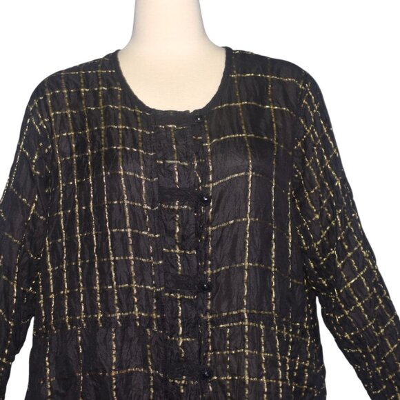 URU Black and Gold Silk Tunic Top Dress Button Front Lightweight Long Sleeves XL - Picture 3 of 11